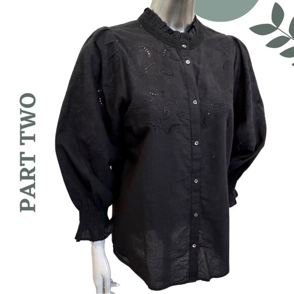 Part Two Black Statement Blouse | Eyelet Embroidered Puff Sleeve Shirt Size 8 - Picture 1 of 8